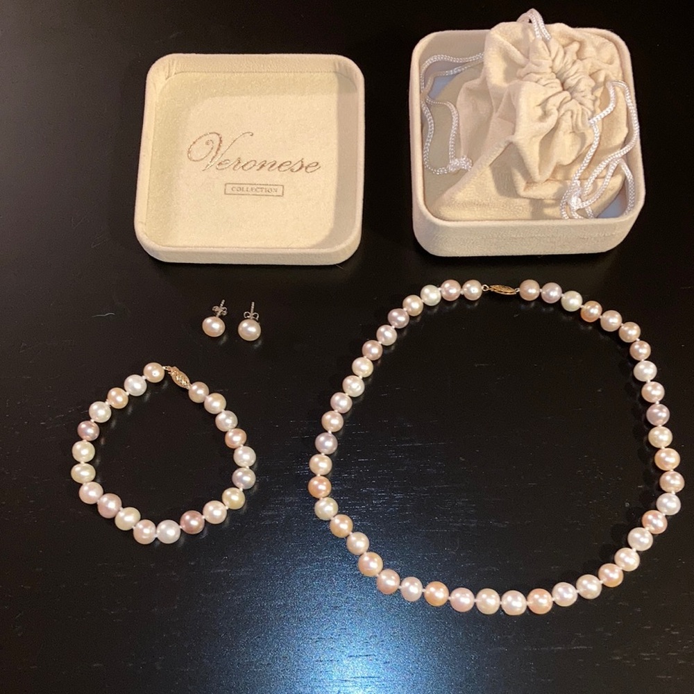 Veronese 925 Sterling Silver Bonded 18K Gold Pearl Necklace Set